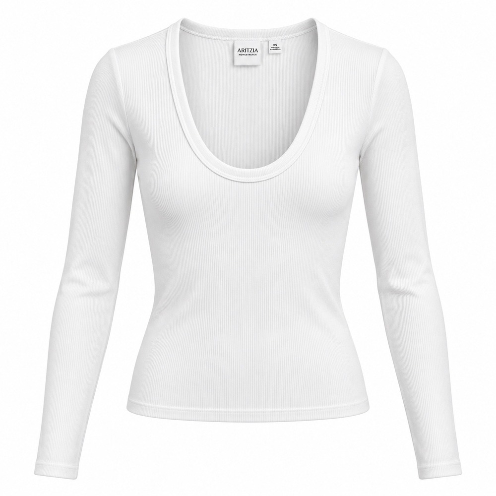 Aritzia Homestretch Top Womens XS White Ribbed Long Sleeve Deep Scoop Neck